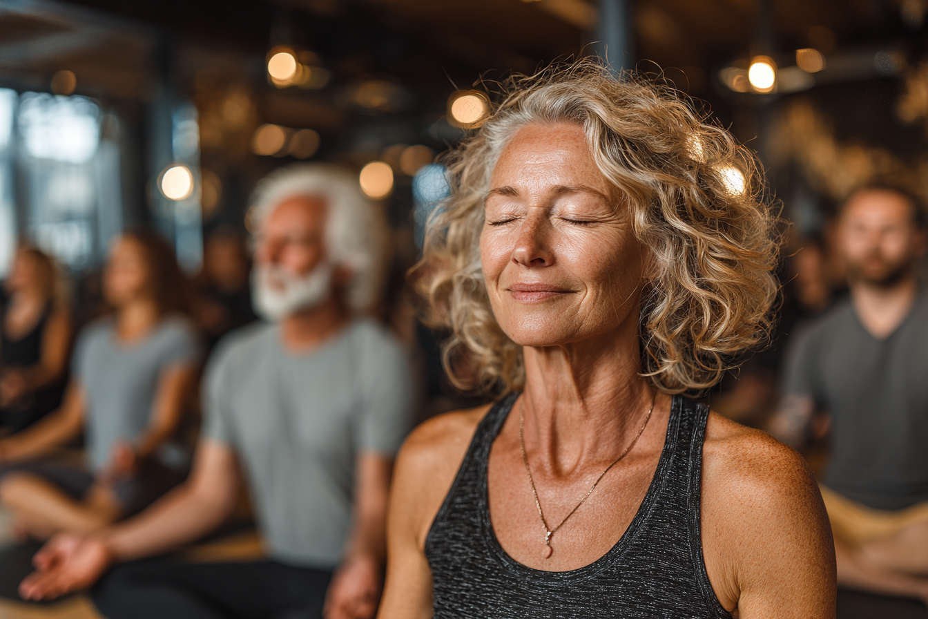 Grup de seniori practicând yoga într-un mediu calm și natural