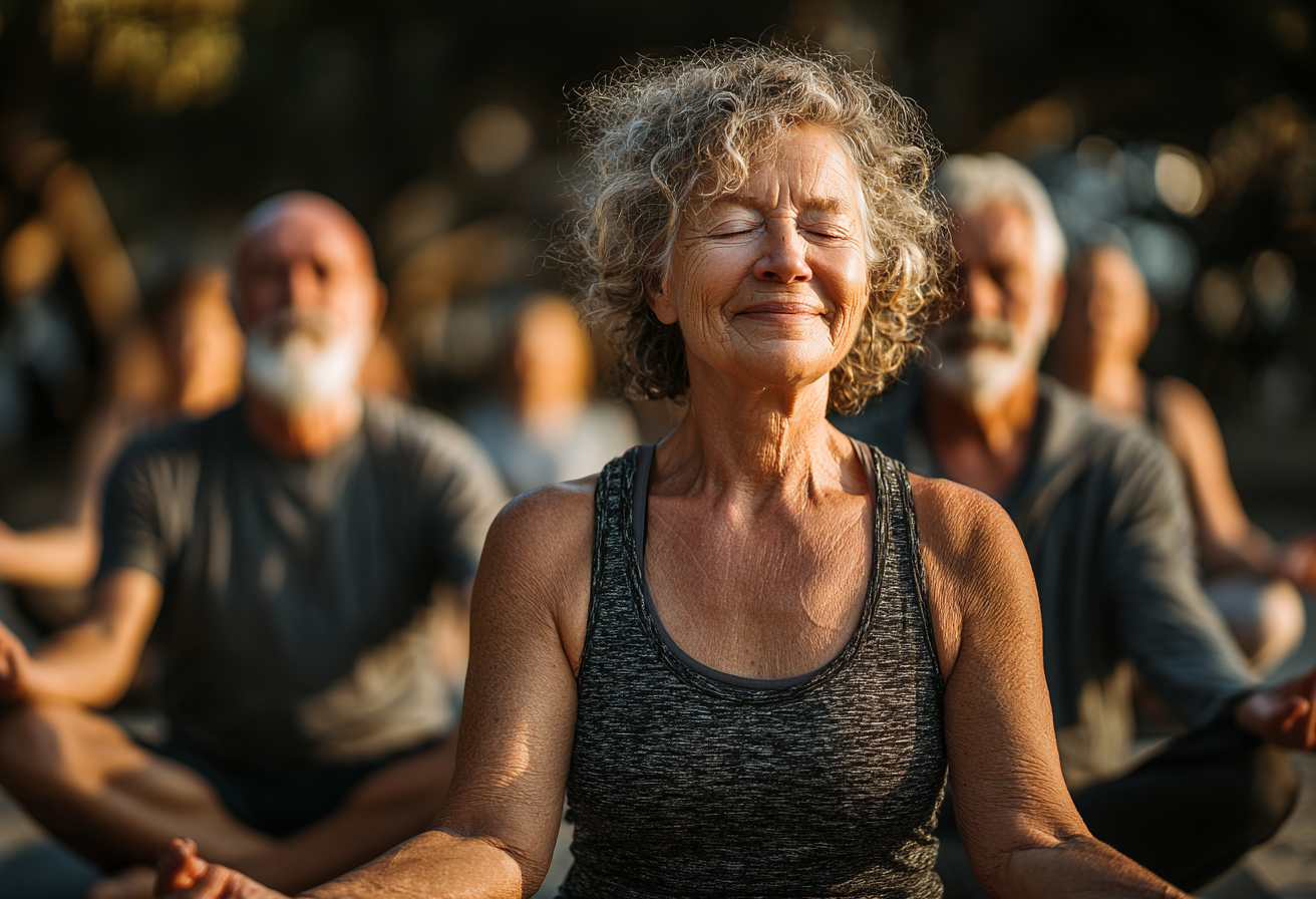 Instructor ghidând un grup de seniori în practici de yoga relaxante